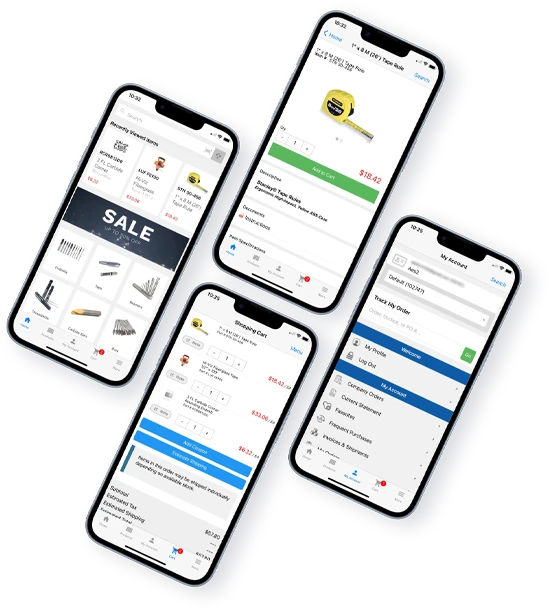 Multiple phone screens showing different functionalities of WebAlliance Ecommerce app, including home page, product detail, and order summary.