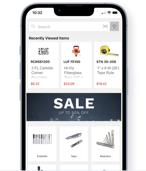 Image of WebAlliance Ecommerce mobile app showing the home screen with seamless ERP Integration