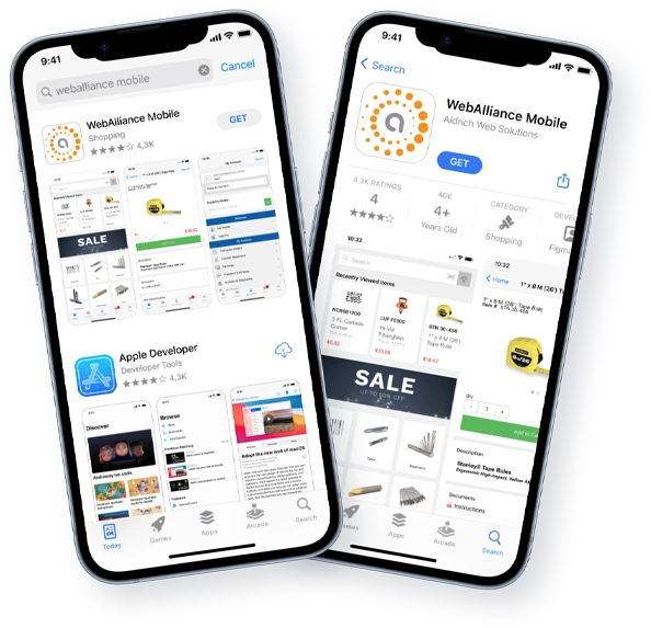 Image of two phones showing the Aldrich WebAlliance Ecommerce Mobile app in the Apple App Store